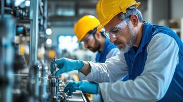 Workers assembling mechanical components in a factory with safety gear during the daytime photo