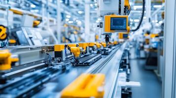 Automated assembly line showcasing advanced robotics and machinery in a modern manufacturing facility photo