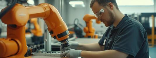 A skilled technician operates a robotic arm in an advanced manufacturing facility during a daytime shift photo