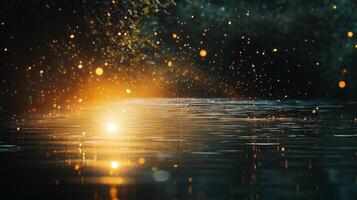 dorado luz de sol refleja en tranquilo agua, creando un sereno atmósfera lleno con reluciente gotas a oscuridad foto