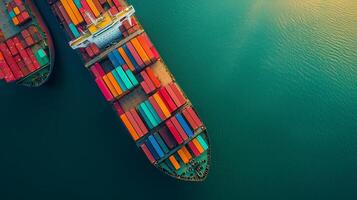 Aerial view of container ships loaded with colorful cargo in a busy port during a clear day photo