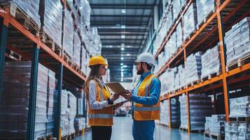Team members collaborate on inventory management in a warehouse during the daytime, ensuring efficient operations and safety photo
