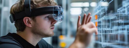 Young man uses augmented reality headset to interact with digital models in a modern workspace photo
