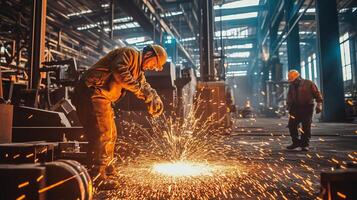 Workers engaged in welding and metalwork inside a bustling factory during the day, creating sparks and metal components photo