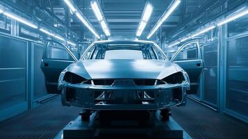An assembly line showing a partially completed electric vehicle with opened doors in a modern factory setting during evening lights photo