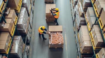 Workers handling boxes in a busy warehouse during daylight, stacking goods for efficient storage and organization photo