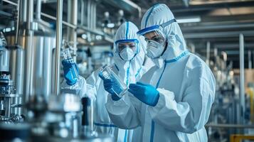 Scientists in protective suits examining samples in a laboratory during a sterile process photo