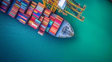 Cargo ship loading containers at a busy port under clear blue skies during daytime operations photo