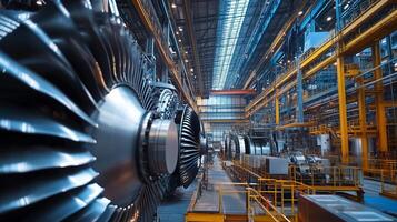 A detailed view of massive jet engine manufacturing in a high-tech industrial facility during daylight hours photo