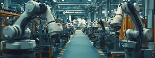 Advanced robotic arms at work in a modern manufacturing facility during the afternoon shift optimizing production efficiency photo