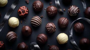 Assorted gourmet chocolate truffles arranged beautifully on a dark background with decorative ribbons around them photo