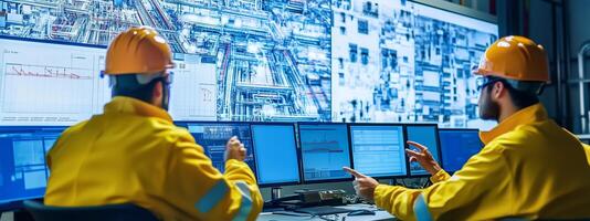 Industrial workers monitoring operations on screens in a control room, focusing on data analysis during daytime photo