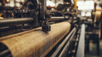 Close-up view of weaving machine in textile factory working on fabric production during daylight hours photo