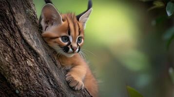 Caracal kitten resting on a tree branch in a lush green environment during daylight hours photo
