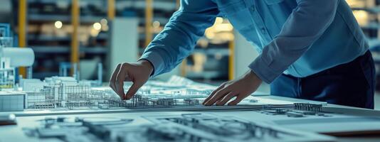 Architect reviewing a detailed architectural model in a well-lit studio environment during the daytime photo