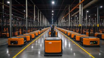 Automated delivery robots lined up in a modern warehouse during daylight hours, showcasing advanced logistics technology in action photo