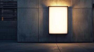 Illuminated blank display board on a concrete wall in an urban setting during twilight hours photo