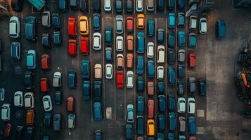 Aerial view of a large parking lot filled with numerous cars in various colors, showcasing urban vehicle storage dynamics photo