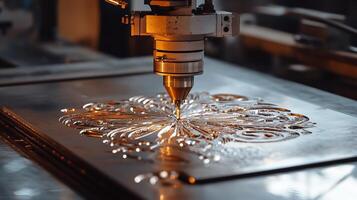 Laser cutting machinery creating intricate designs on metal in a workshop during daytime photo