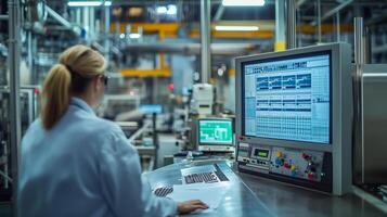A technician analyzing data on a computer screen in a high-tech manufacturing facility during the daytime photo