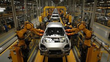 Automated car manufacturing process inside a modern factory with robotic arms and workers during daytime assembly operations photo