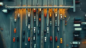 Aerial view of busy highway toll plaza with vehicles lined up during evening rush hour in an urban setting photo