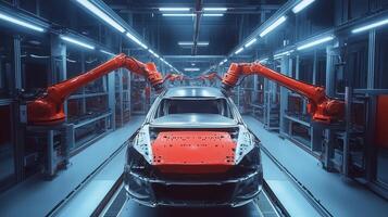 Robotic arms assembling a car in a modern automotive factory during the evening shift with advanced technology and machinery photo