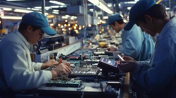 Technicians working collaboratively on electronic circuit boards in a bustling factory environment during the day photo