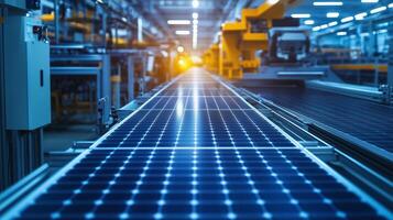 Solar panel production line in a modern factory with advanced machinery during daylight hours photo