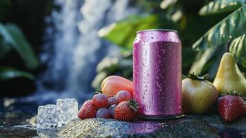 Refreshing drink with fruits and ice near a waterfall in a lush green setting on a sunny day photo