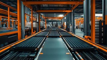 Automated conveyor system operating in a modern warehouse during night hours with vibrant lighting and advanced infrastructure photo