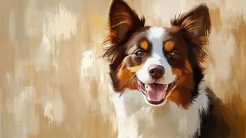 A joyful dog with a wide smile stands against a textured background, reminding us of the warmth of companionship on a sunny day photo