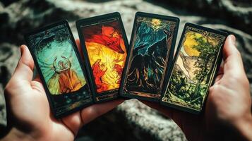Exploring tarot card readings with vibrant artwork in a serene outdoor setting during golden hour light photo