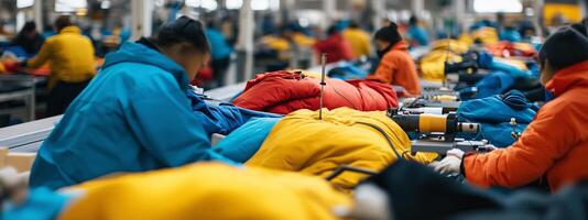 Workers assemble colorful winter jackets in a bustling garment factory during daytime in an urban setting photo