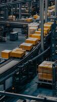 Automated conveyor system transporting packages in a busy warehouse during daytime operations photo