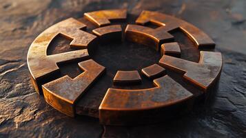 Intricate bronze artifact displayed on stone surface during daylight, showcasing design and craftsmanship photo