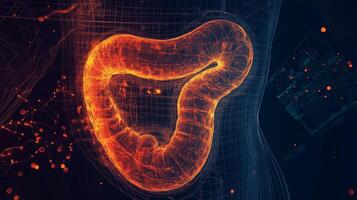 Intricate 3D rendering of a human intestine illuminated in orange against a dark background, showcasing detailed anatomical features photo