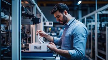 A technician working on a pressing machine in an advanced manufacturing facility during evening hours, focusing on quality control tasks photo