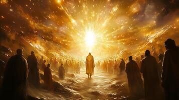 A luminous figure stands amidst a vast crowd in a golden-hued setting, symbolizing hope and connection in a celestial landscape photo