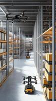 Warehouse automation with drones and robots coordinating for efficient inventory management in a modern facility photo