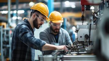 Workers collaborating in a manufacturing facility while operating complex machinery during the day shift photo