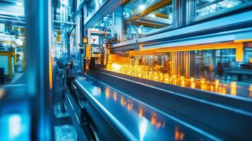 High-tech manufacturing process showcasing automated machinery in a busy factory with glowing molten metal at work photo