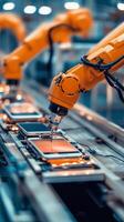 Automated robotic arms assembling smartphones on a production line in a high-tech factory during daytime operations photo