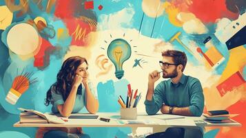 Two creative individuals engaged in brainstorming at a vibrant workspace filled with art supplies and ideas on a sunny day photo