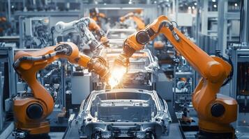 Robotic arms assembling a vehicle in a modern manufacturing facility during daytime operations photo