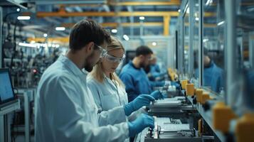 Workers collaborating in a manufacturing facility, assembling electronic components during daylight hours photo