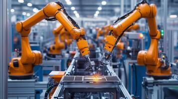 Advanced robotic arms welding metal parts in a busy factory during daylight hours in an automated manufacturing facility photo