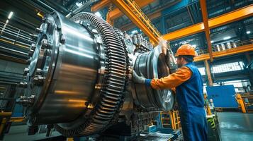 Technician assembling a large industrial turbine in a manufacturing facility during daylight hours photo
