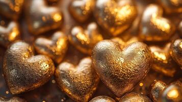 Golden heart-shaped decorations scattered on a warm surface, creating a festive atmosphere during a celebration or romantic occasion photo