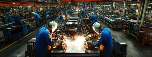 Workers engaged in metal fabrication at a busy industrial factory during evening hours photo